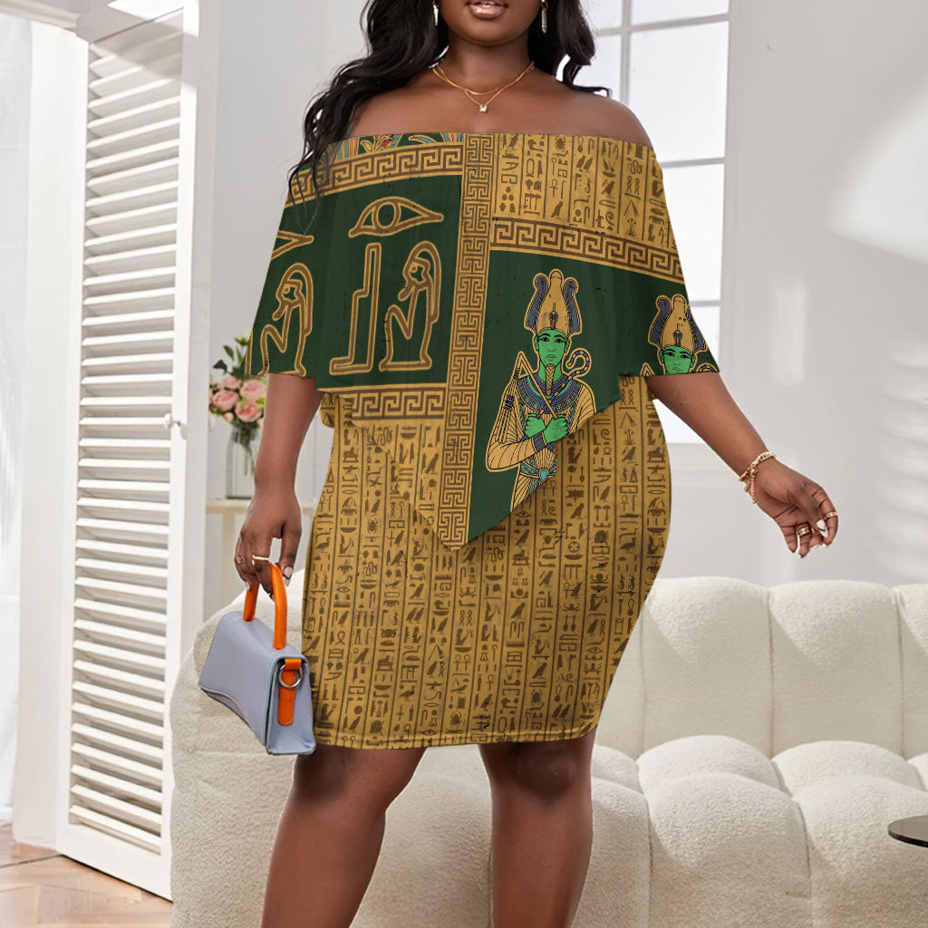 Egyptian God Osiris Off Shoulder Short Dress Green Pharaonic Hieroglyphic Patterns