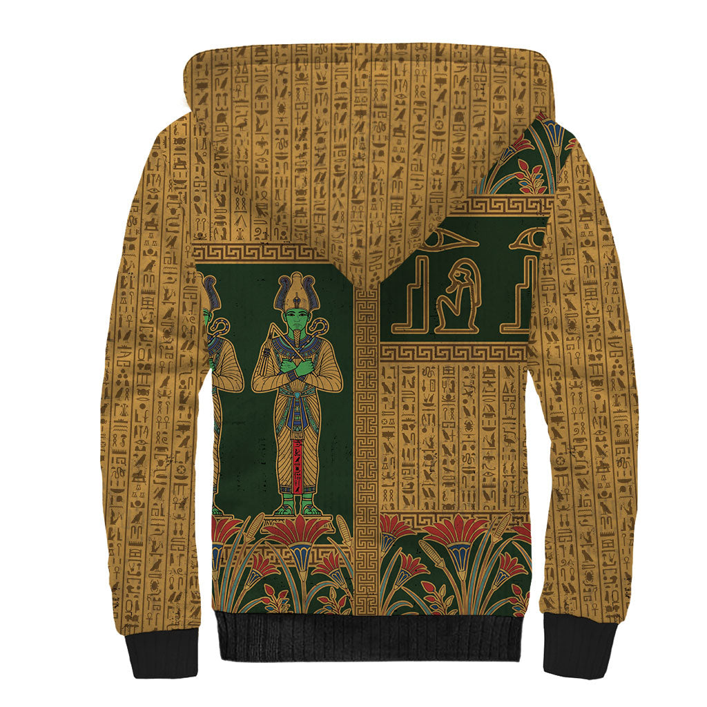 Egyptian God Osiris Sherpa Hoodie Green Pharaonic Hieroglyphic Patterns