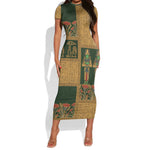 Egyptian God Osiris Short Sleeve Bodycon Dress Green Pharaonic Hieroglyphic Patterns