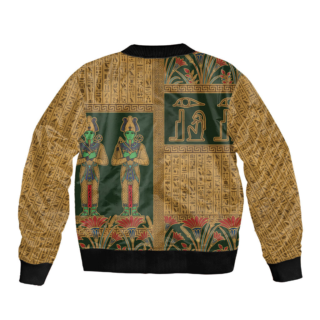 Egyptian God Osiris Sleeve Zip Bomber Jacket Green Pharaonic Hieroglyphic Patterns