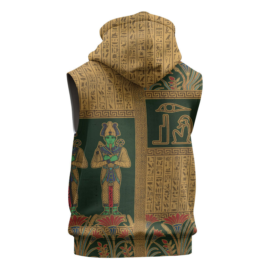 Egyptian God Osiris Sleeveless Hoodie Green Pharaonic Hieroglyphic Patterns