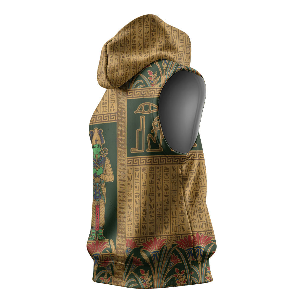 Egyptian God Osiris Sleeveless Hoodie Green Pharaonic Hieroglyphic Patterns