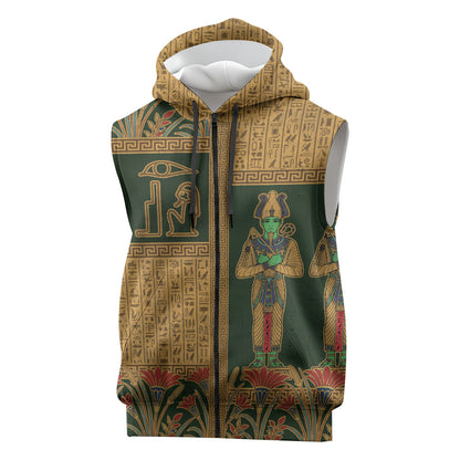 Egyptian God Osiris Sleeveless Zip Hoodie Green Pharaonic Hieroglyphic Patterns