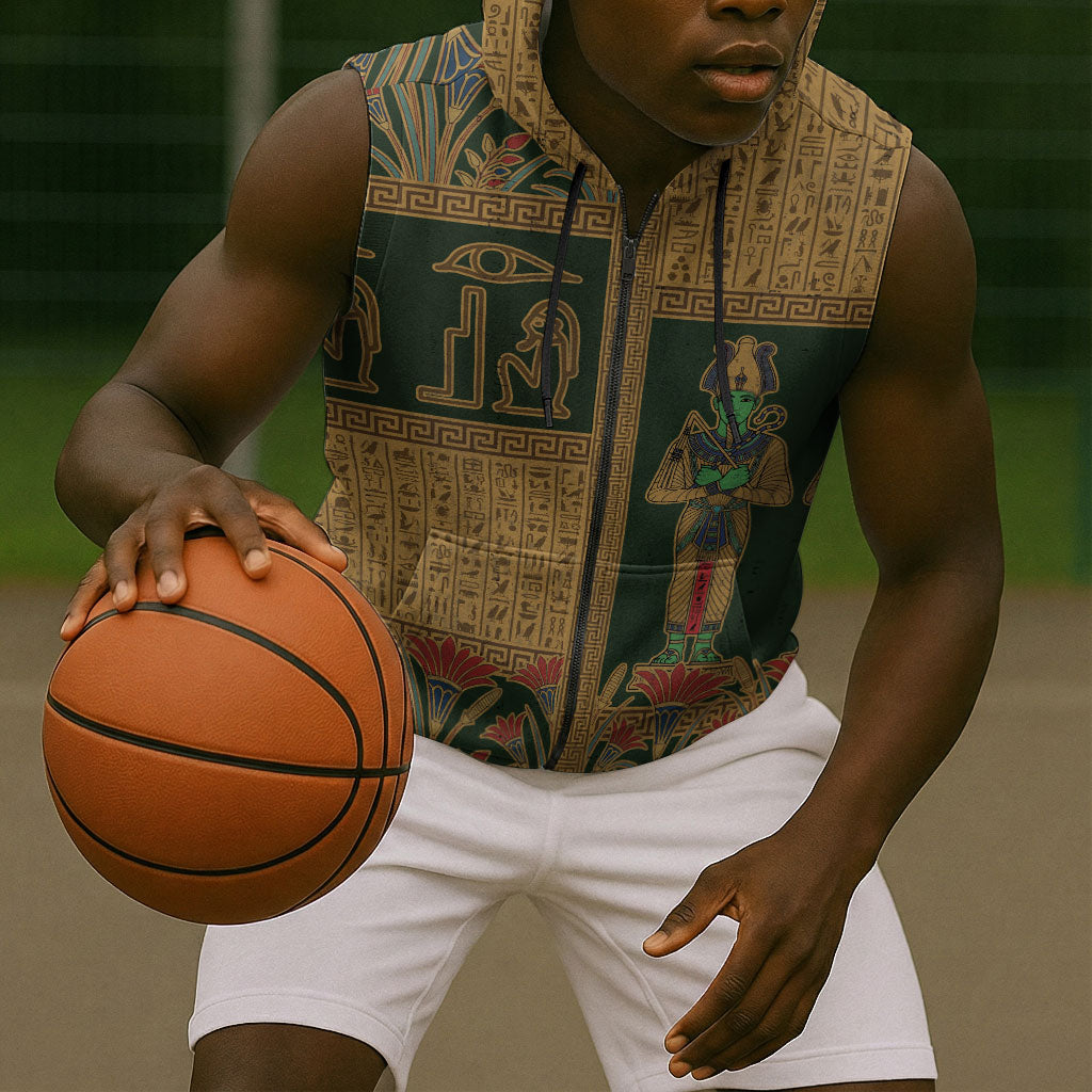 Egyptian God Osiris Sleeveless Zip Hoodie Green Pharaonic Hieroglyphic Patterns