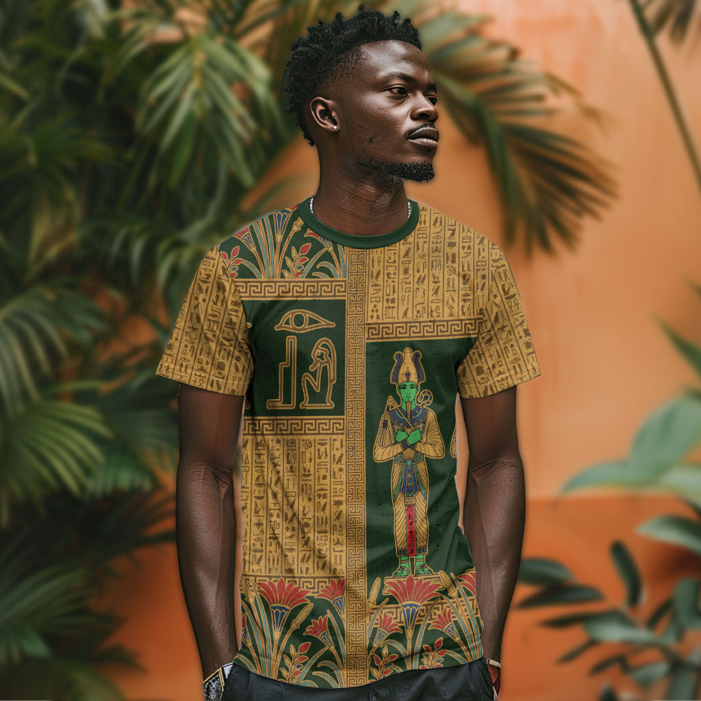 Egyptian God Osiris T shirt Green Pharaonic Hieroglyphic Patterns