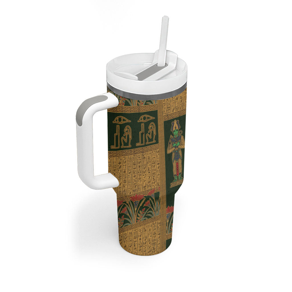 Egyptian God Osiris Tumbler With Handle Green Pharaonic Hieroglyphic Patterns