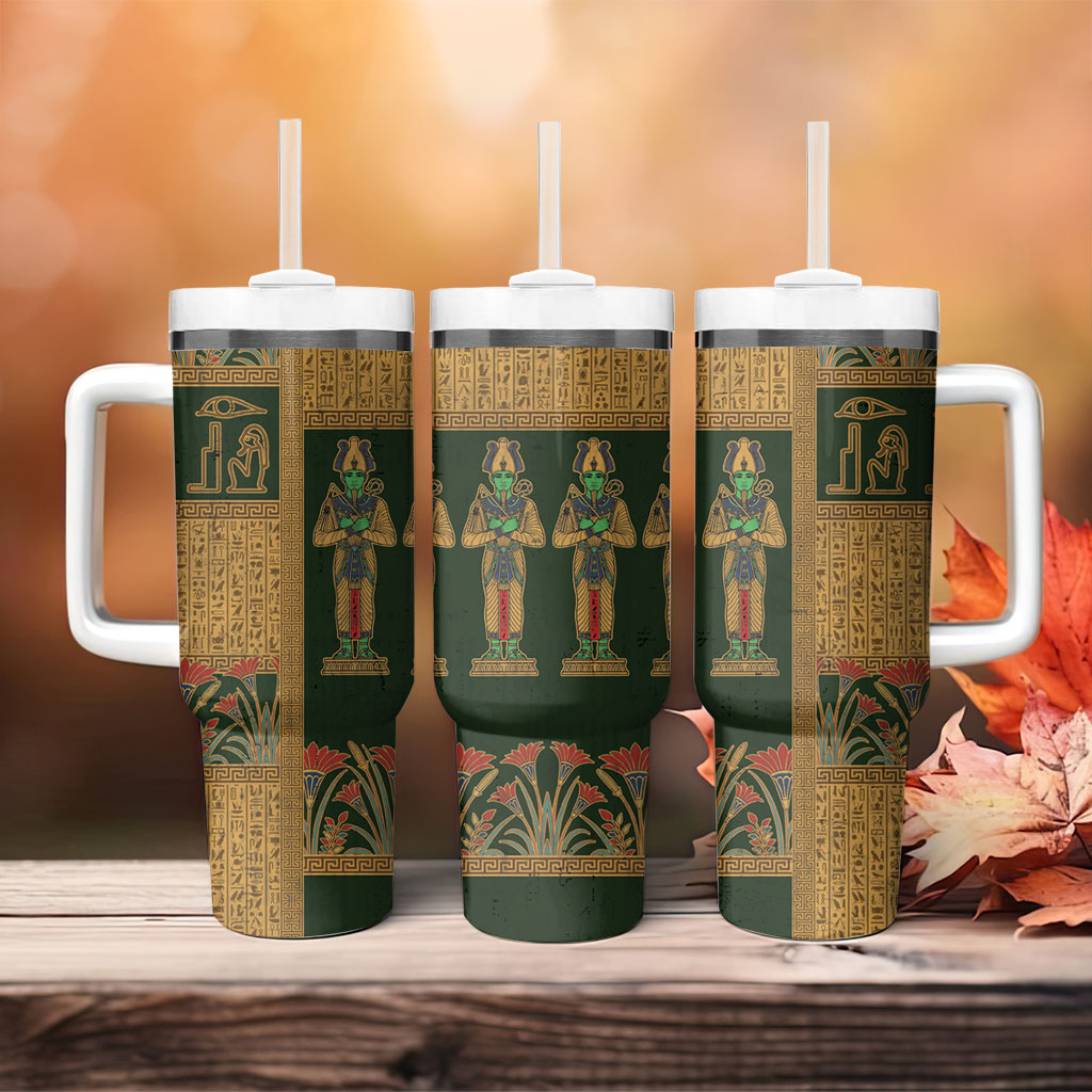 Egyptian God Osiris Tumbler With Handle Green Pharaonic Hieroglyphic Patterns