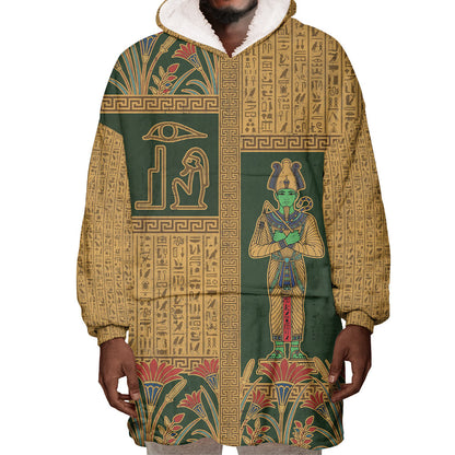 Egyptian God Osiris Wearable Blanket Hoodie Green Pharaonic Hieroglyphic Patterns