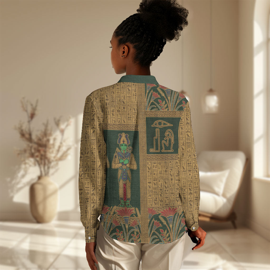 Egyptian God Osiris Women Casual Shirt Green Pharaonic Hieroglyphic Patterns