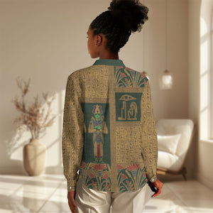 Egyptian God Osiris Women Casual Shirt Green Pharaonic Hieroglyphic Patterns