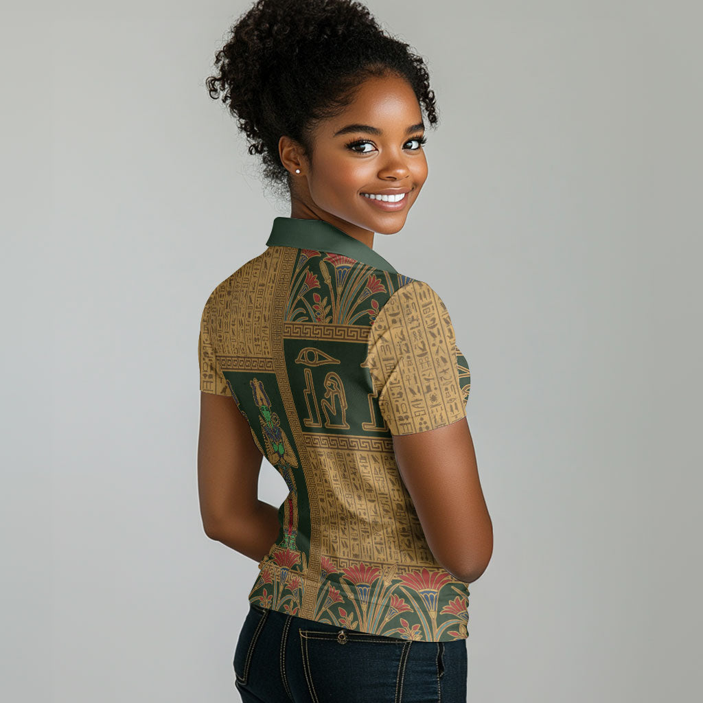 Egyptian God Osiris Women Polo Shirt Green Pharaonic Hieroglyphic Patterns