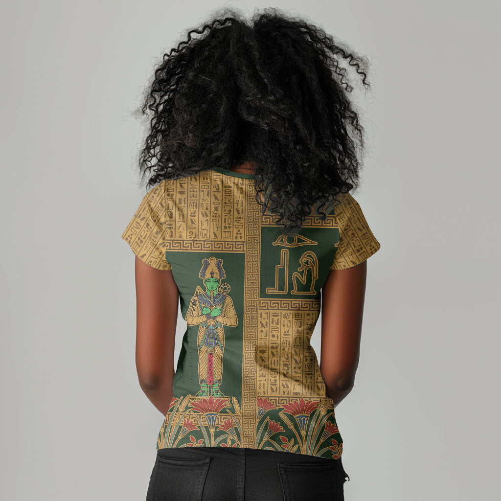 Egyptian God Osiris Women V-Neck T-Shirt Green Pharaonic Hieroglyphic Patterns