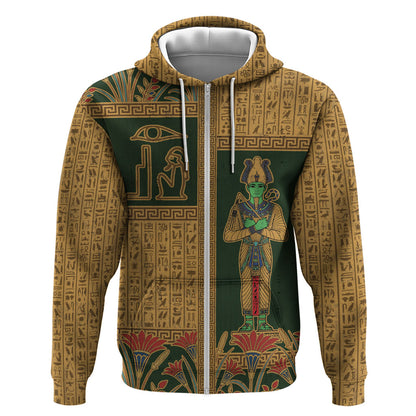 Egyptian God Osiris Zip Hoodie Green Pharaonic Hieroglyphic Patterns