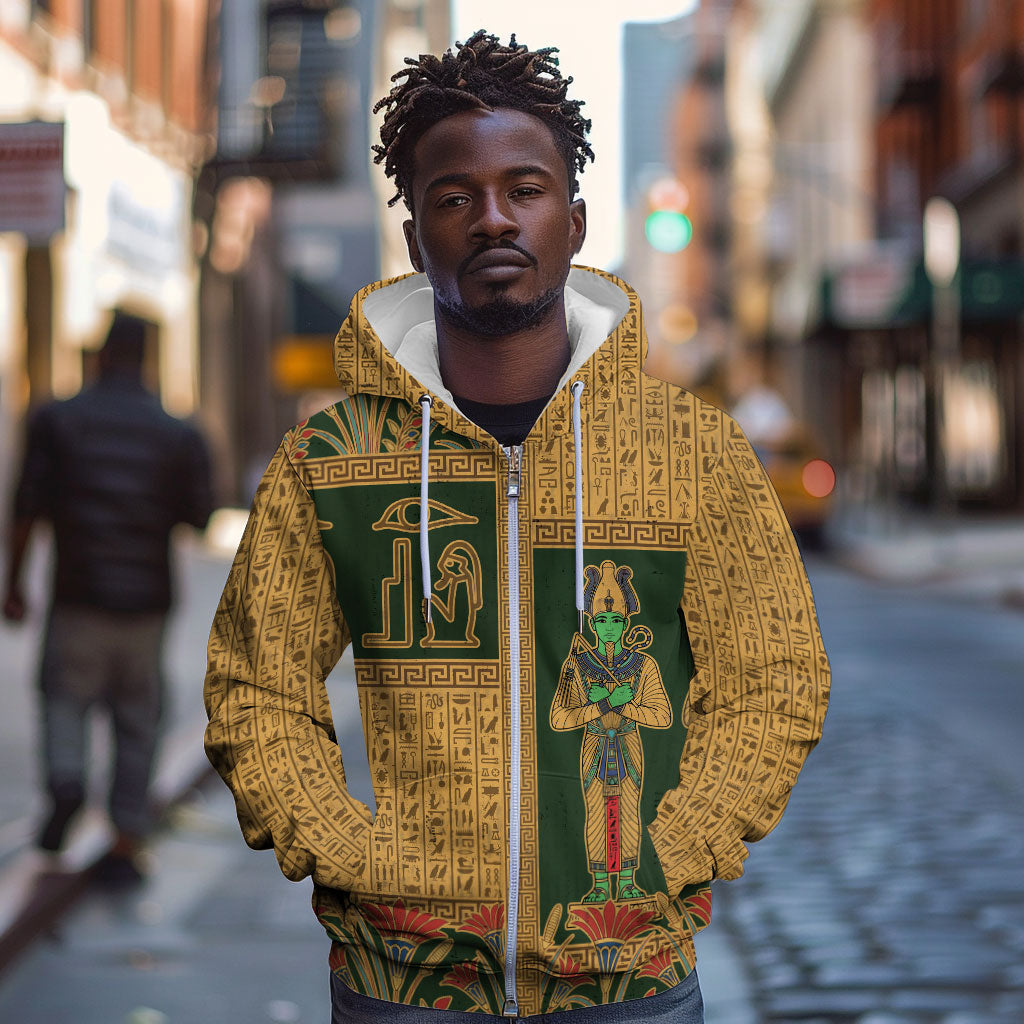 Egyptian God Osiris Zip Hoodie Green Pharaonic Hieroglyphic Patterns