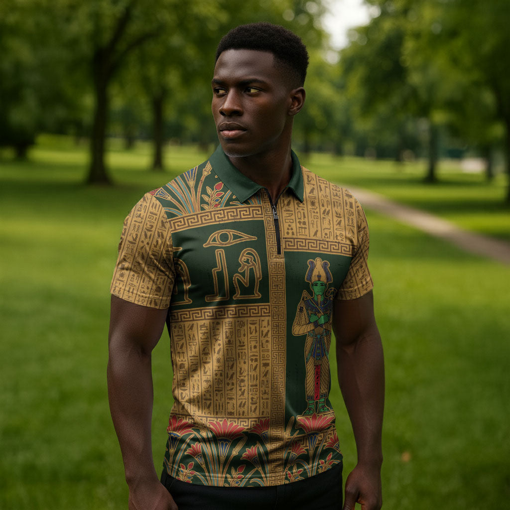 Egyptian God Osiris Zipper Polo Shirt Green Pharaonic Hieroglyphic Patterns