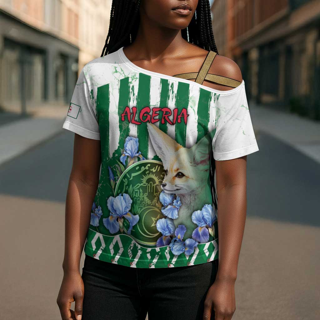 Personalized Algeria Cross Shoulder Shirt Fennec And Iris Grunge Style - African Pride