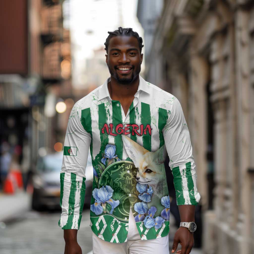 Personalized Algeria Long Sleeve Button Shirt Fennec And Iris Grunge Style - African Pride