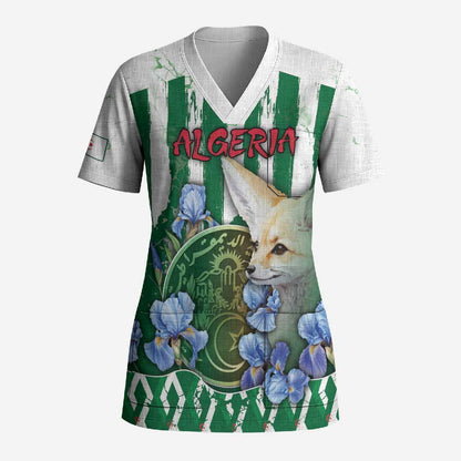 Personalized Algeria Scrub Top Fennec And Iris Grunge Style - African Pride