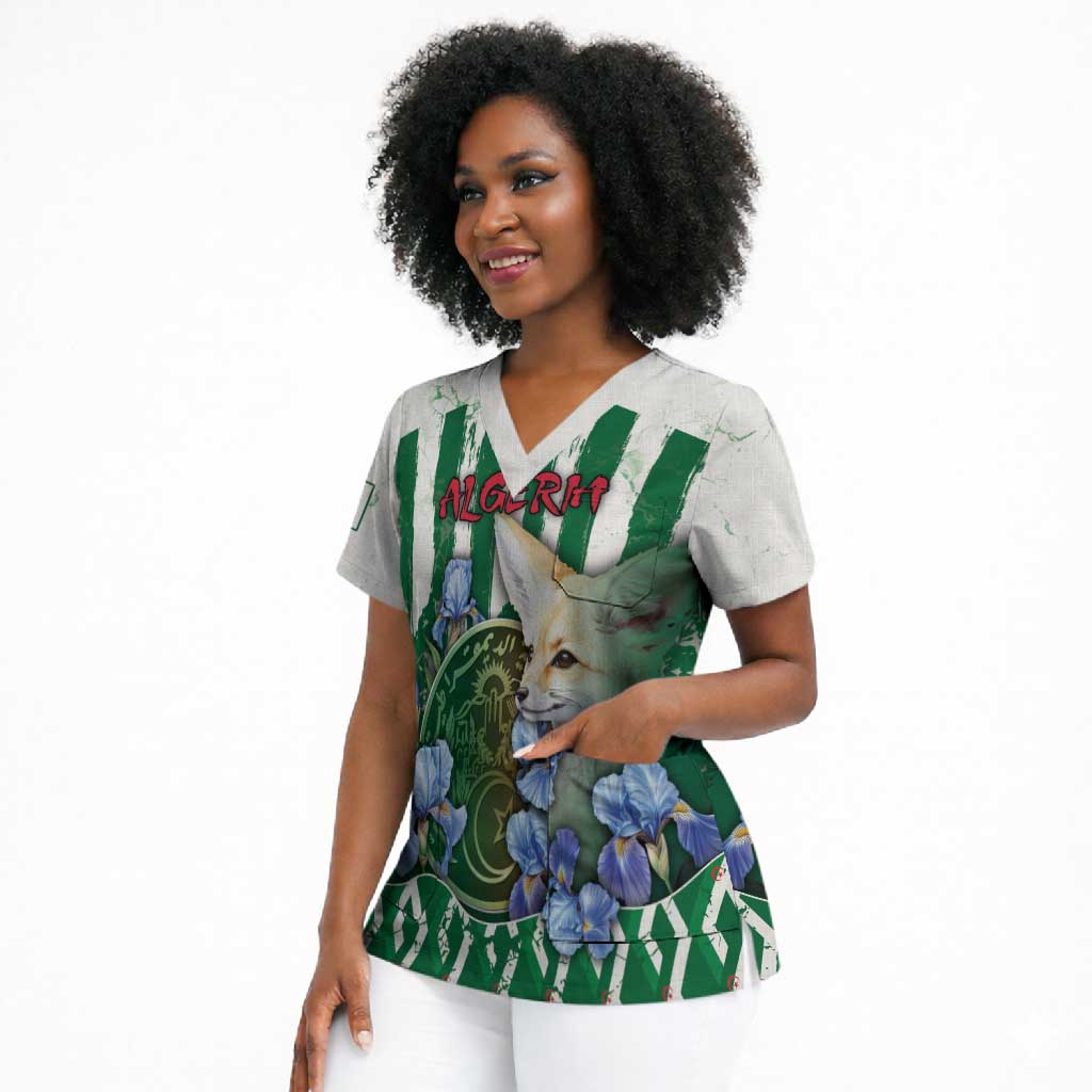 Personalized Algeria Scrub Top Fennec And Iris Grunge Style - African Pride