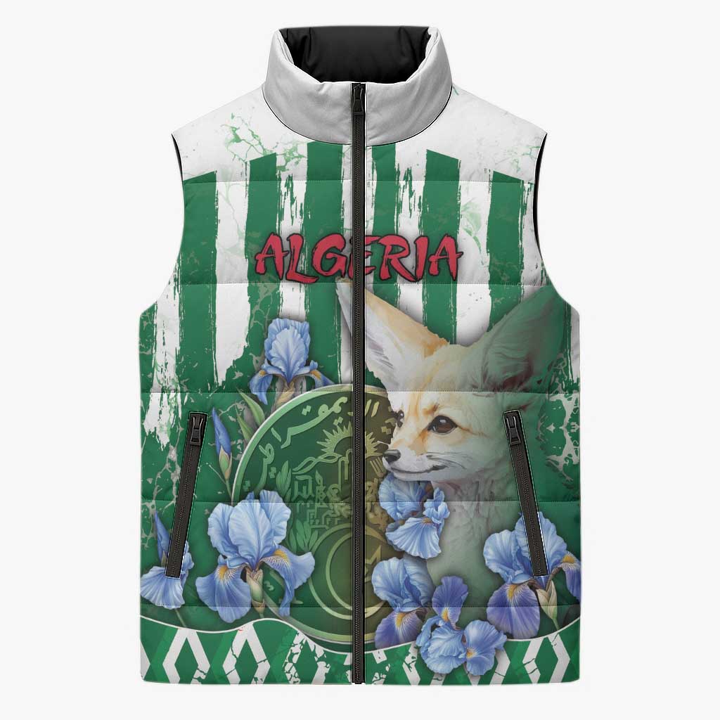 Personalized Algeria Sleeveless Puffer Jacket Fennec And Iris Grunge Style - African Pride