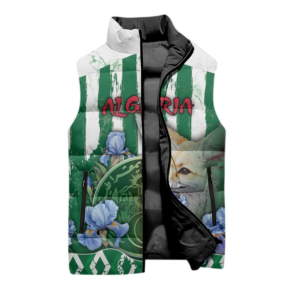 Personalized Algeria Sleeveless Puffer Jacket Fennec And Iris Grunge Style - African Pride