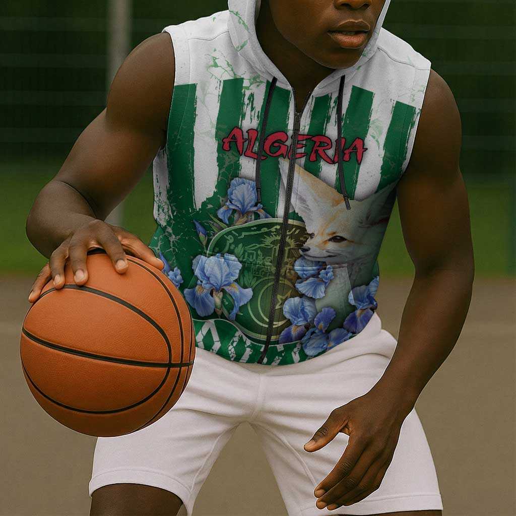 Personalized Algeria Sleeveless Zip Hoodie Fennec And Iris Grunge Style - African Pride