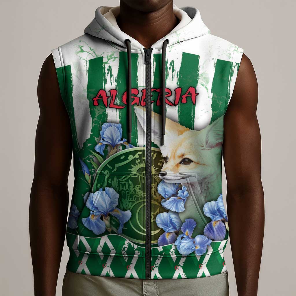Personalized Algeria Sleeveless Zip Hoodie Fennec And Iris Grunge Style - African Pride