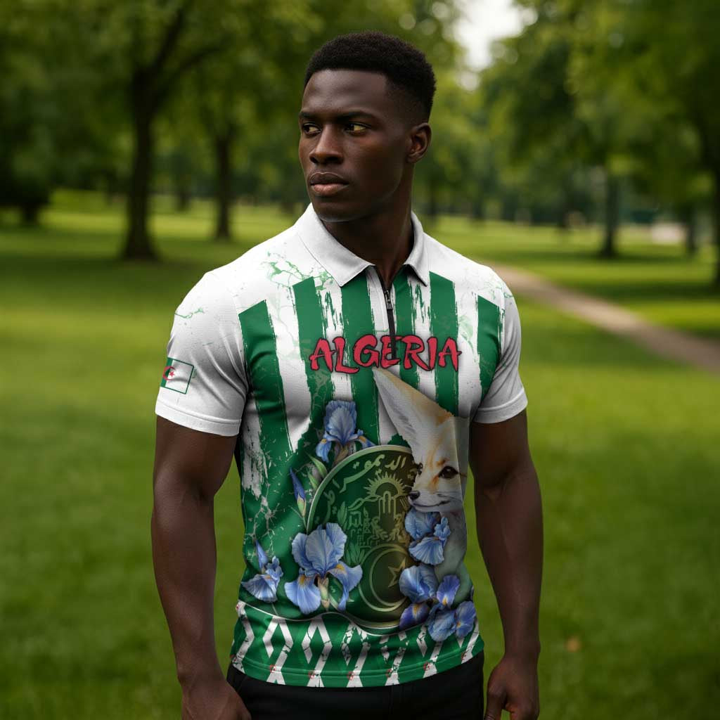 Personalized Algeria Zipper Polo Shirt Fennec And Iris Grunge Style - African Pride