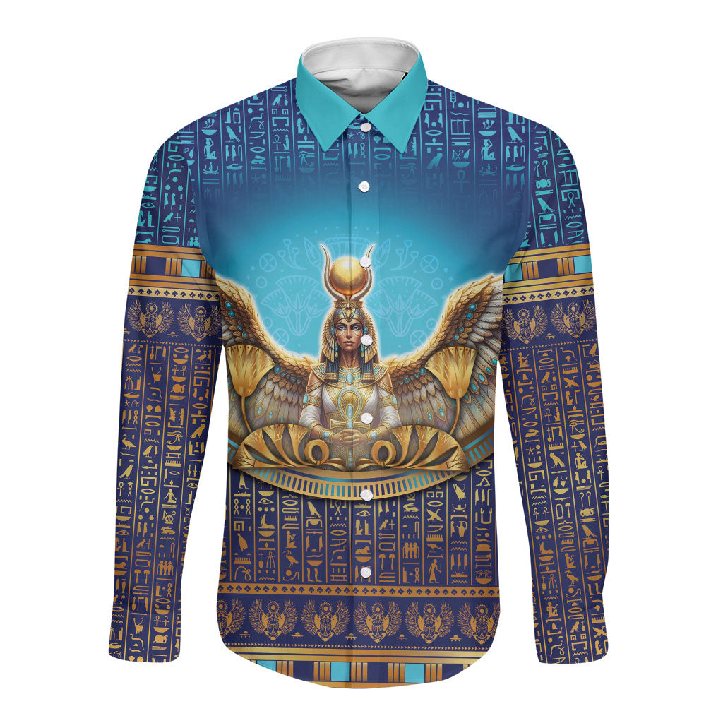 Egyptian Goddess Isis Long Sleeve Button Shirt Ancient Mythology Winged Queen