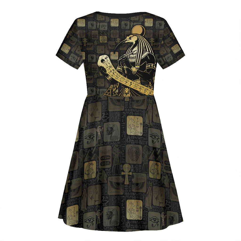 Egyptian God Thoth Kid Short Sleeve Dress Ancient Mythology Ibis Wisdom Hieroglyphic