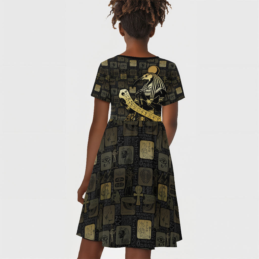 Egyptian God Thoth Kid Short Sleeve Dress Ancient Mythology Ibis Wisdom Hieroglyphic