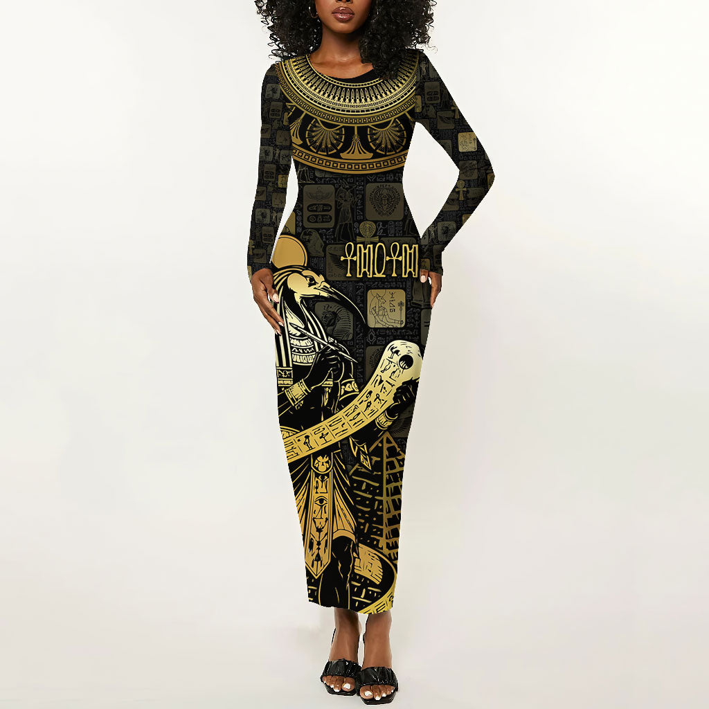 Egyptian God Thoth Long Sleeve Bodycon Dress Ancient Mythology Ibis Wisdom Hieroglyphic