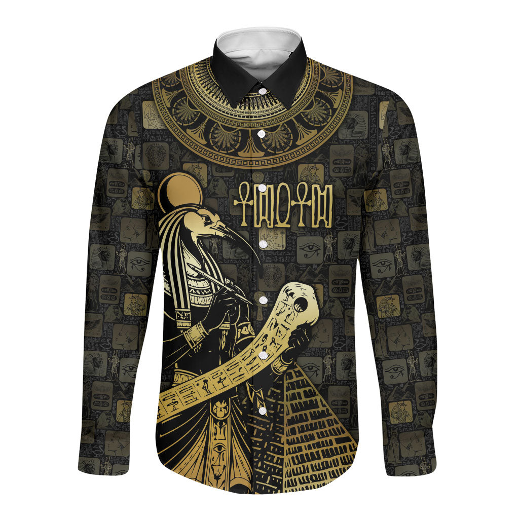 Egyptian God Thoth Long Sleeve Button Shirt Ancient Mythology Ibis Wisdom Hieroglyphic