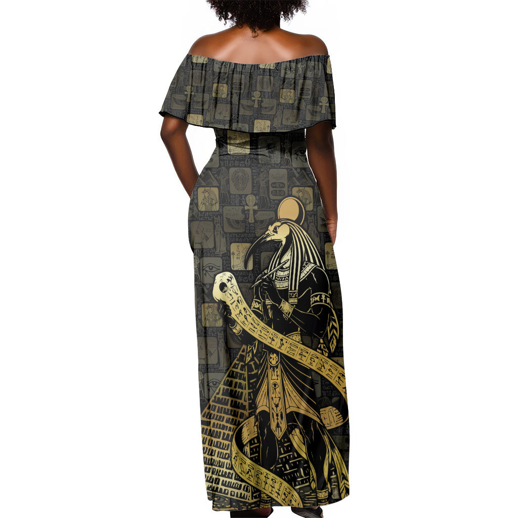 Egyptian God Thoth Off Shoulder Maxi Dress Ancient Mythology Ibis Wisdom Hieroglyphic