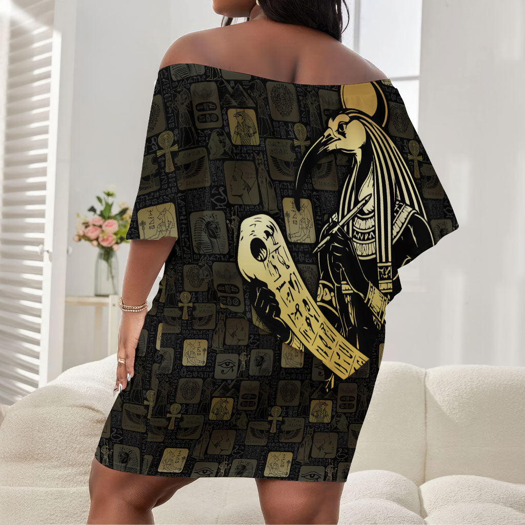 Egyptian God Thoth Off Shoulder Short Dress Ancient Mythology Ibis Wisdom Hieroglyphic
