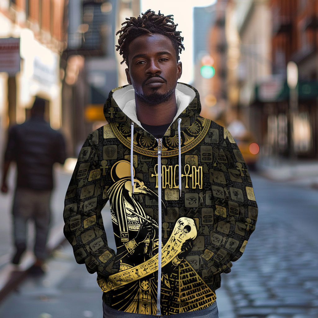 Egyptian God Thoth Zip Hoodie Ancient Mythology Ibis Wisdom Hieroglyphic