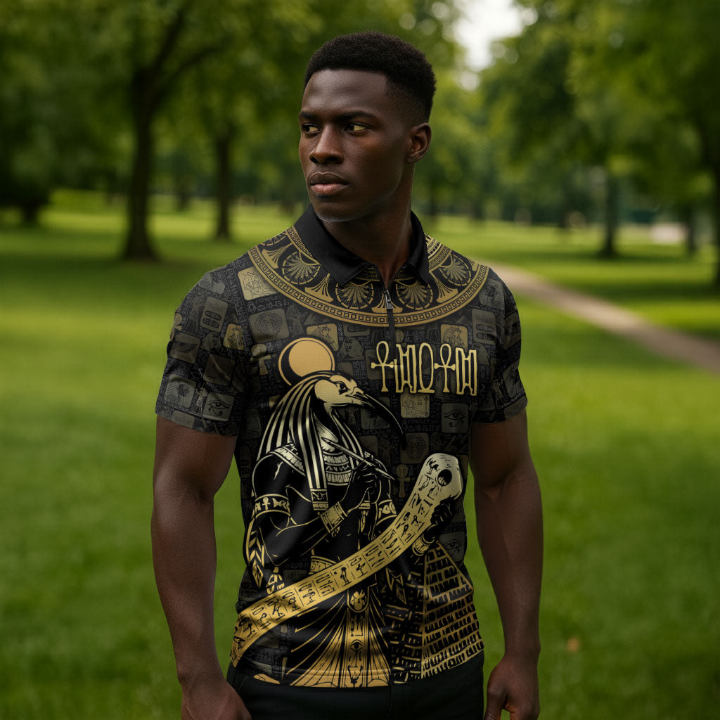 Egyptian God Thoth Zipper Polo Shirt Ancient Mythology Ibis Wisdom Hieroglyphic