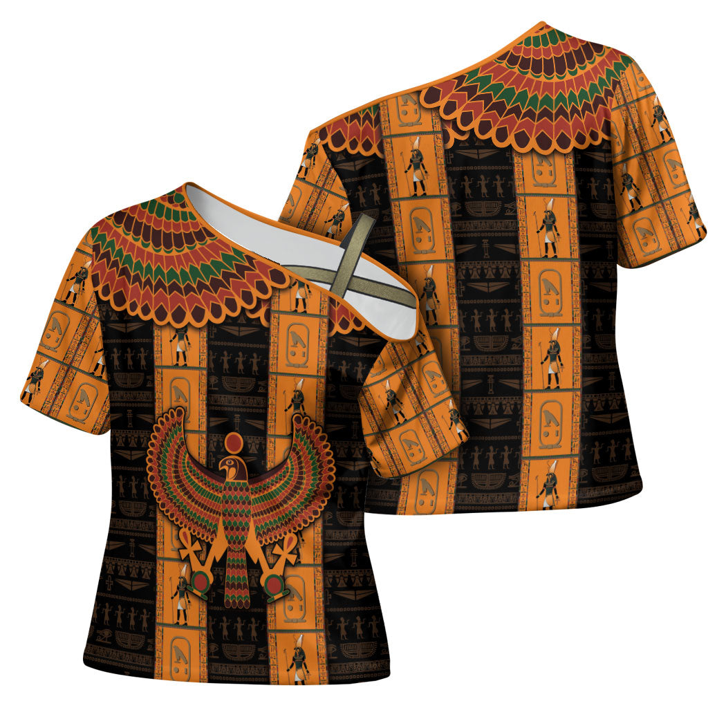 Egyptian God Horus Cross Shoulder Shirt Ancient Mythology Falcon Hieroglyphic Patterns