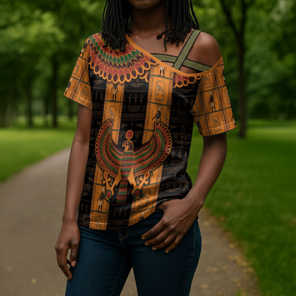 Egyptian God Horus Cross Shoulder Shirt Ancient Mythology Falcon Hieroglyphic Patterns