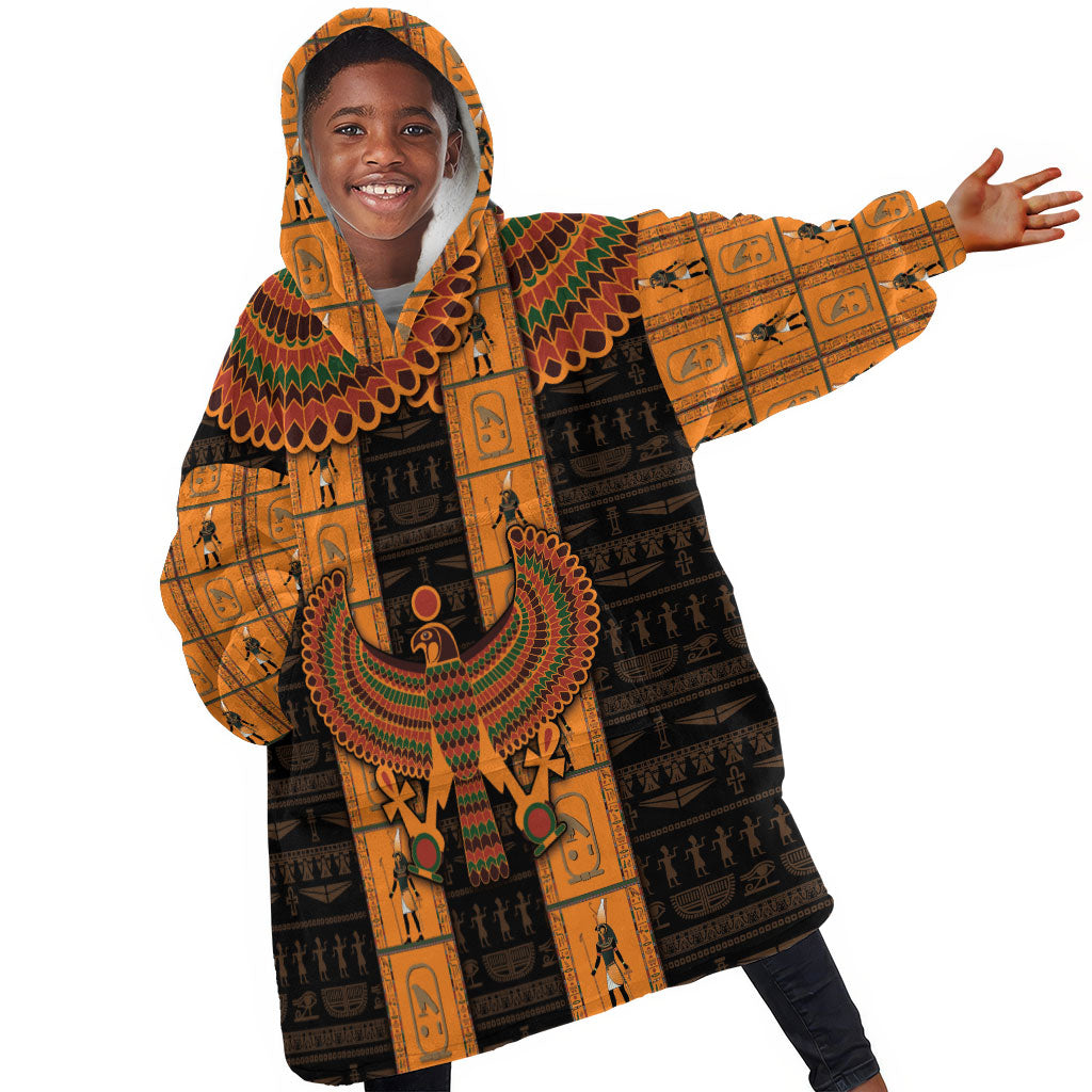 Egyptian God Horus Kid Wearable Blanket Hoodie Ancient Mythology Falcon Hieroglyphic Patterns