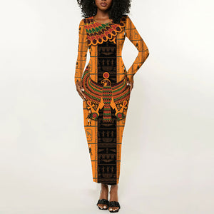 Egyptian God Horus Long Sleeve Bodycon Dress Ancient Mythology Falcon Hieroglyphic Patterns