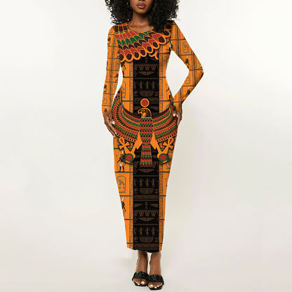 Egyptian God Horus Long Sleeve Bodycon Dress Ancient Mythology Falcon Hieroglyphic Patterns