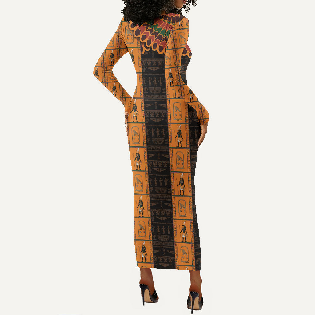 Egyptian God Horus Long Sleeve Bodycon Dress Ancient Mythology Falcon Hieroglyphic Patterns