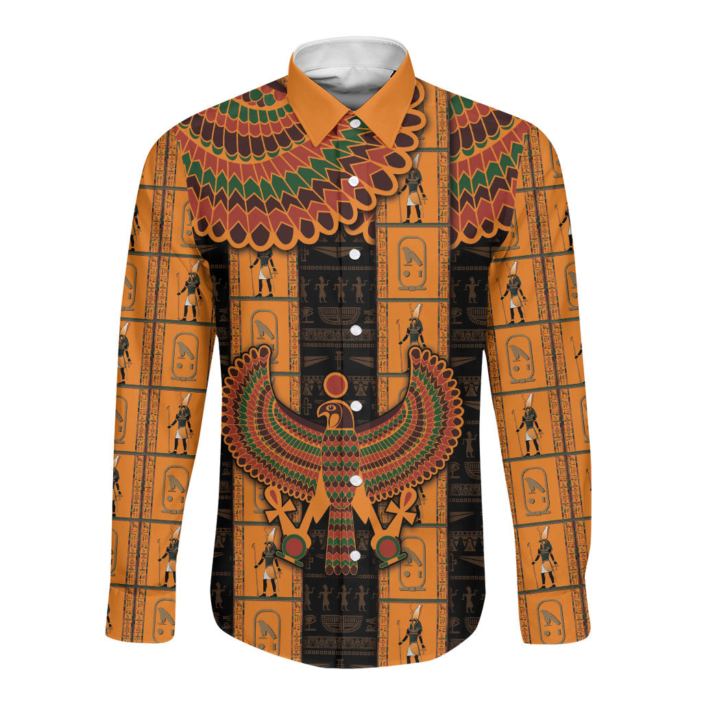 Egyptian God Horus Long Sleeve Button Shirt Ancient Mythology Falcon Hieroglyphic Patterns
