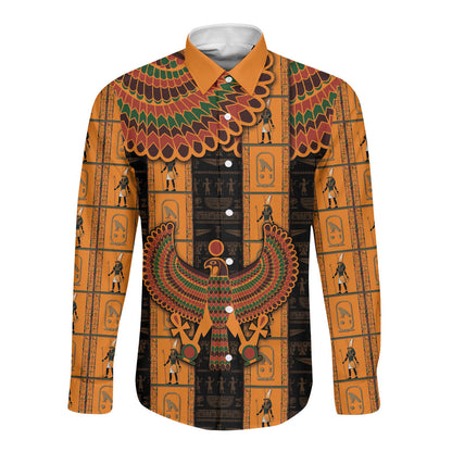 Egyptian God Horus Long Sleeve Button Shirt Ancient Mythology Falcon Hieroglyphic Patterns