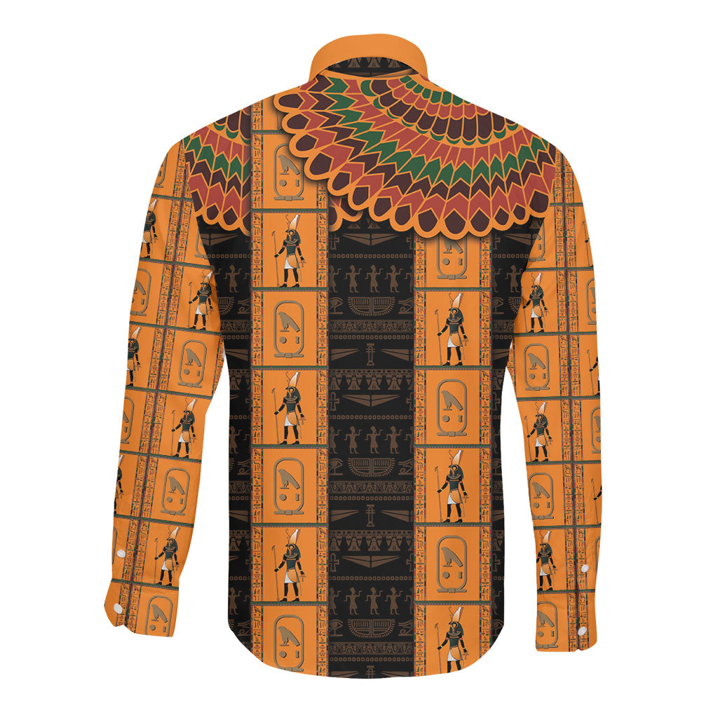 Egyptian God Horus Long Sleeve Button Shirt Ancient Mythology Falcon Hieroglyphic Patterns