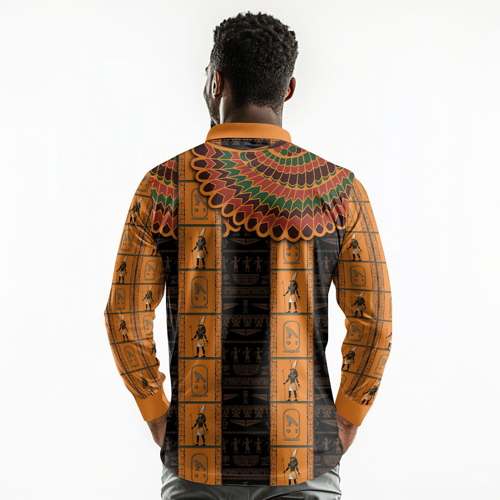 Egyptian God Horus Long Sleeve Polo Shirt Ancient Mythology Falcon Hieroglyphic Patterns