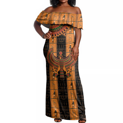 Egyptian God Horus Off Shoulder Maxi Dress Ancient Mythology Falcon Hieroglyphic Patterns
