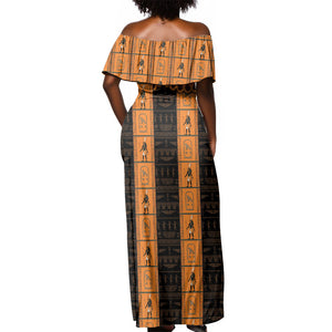 Egyptian God Horus Off Shoulder Maxi Dress Ancient Mythology Falcon Hieroglyphic Patterns