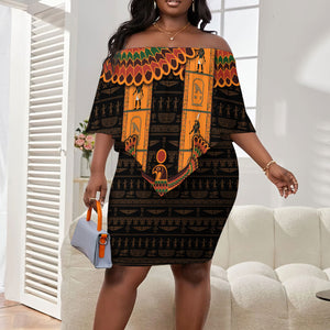Egyptian God Horus Off Shoulder Short Dress Ancient Mythology Falcon Hieroglyphic Patterns